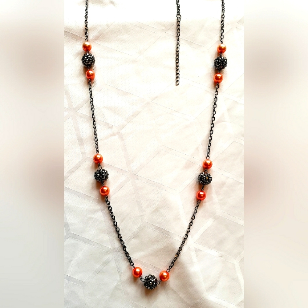 Long Pink & Black Crystal Disco Ball Necklace 20" Fashion Jewelry